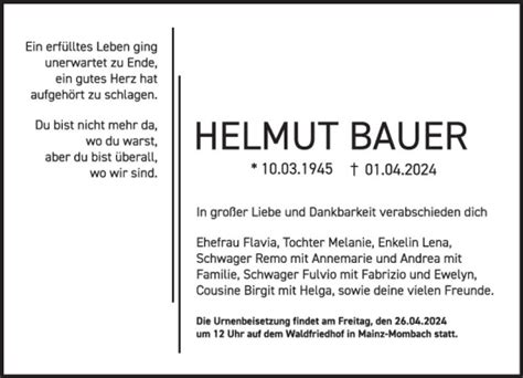 Traueranzeigen Von Helmut Bauer Vrm Trauer De