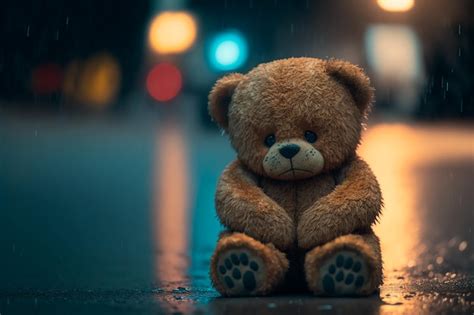 Triste Oso De Peluche Se Sienta En La Noche En La Calle Bajo La Lluvia