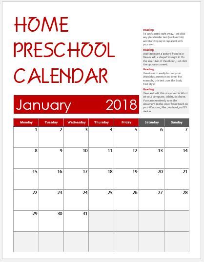 Preschool Calendar Template Printables