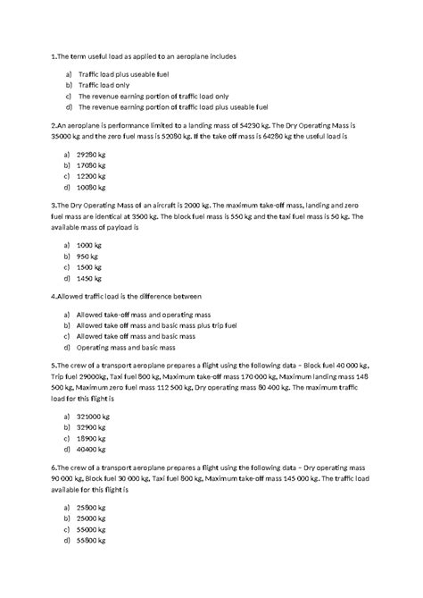 Payload Qns 1 1 Term Useful Load As Applied To An Aeroplane Includes