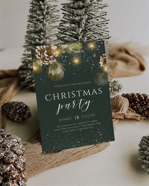 Elegant Digital Christmas Invite Editable Green Pinecone Template