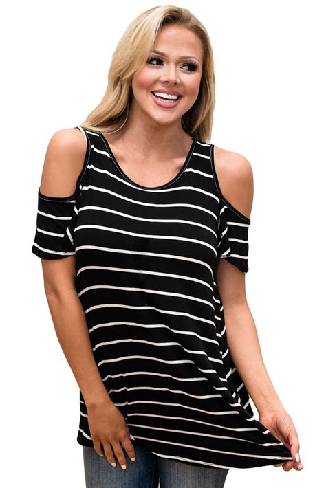 White Black Stripe Cold Shoulder Top Tunic Tops Casual Women Tunic