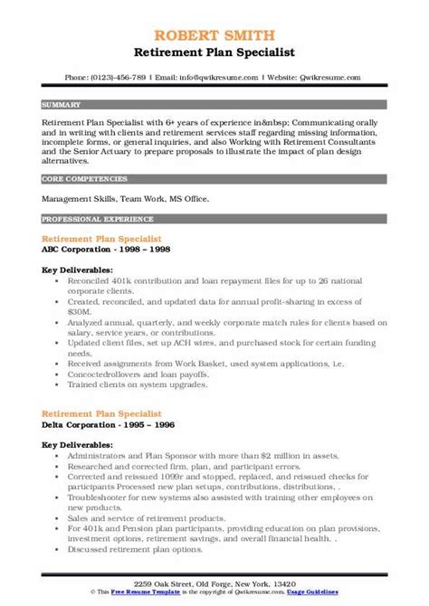 Retirement Plan Specialist Resume Samples Qwikresume