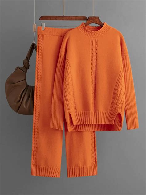 Autumn Winter Two Piece Sets Womens New Korean Knitted Half High Neck Sweater Pullover Loose