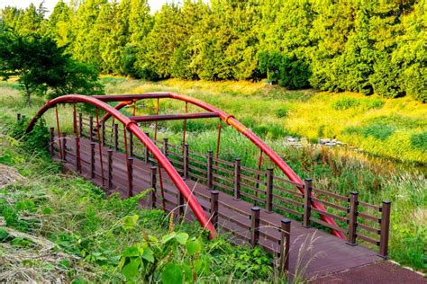 A Suspension Bridge Across Small Stream In The Suburb Of South Korea