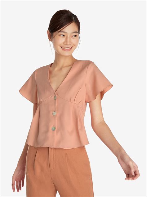 Butterfly Sleeves V Neck Blouse Peach Pomelo Fashion