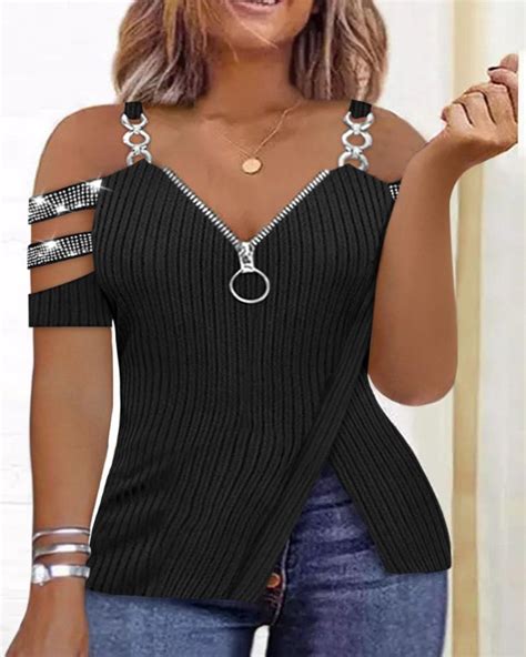 Plus Size Slit Cold Shoulder Ladder Cutout Rhinestone Top