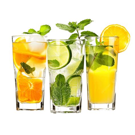 Citrus Drinks Set Lemonade Orange Juice And Mojito In Glasses, Citrus