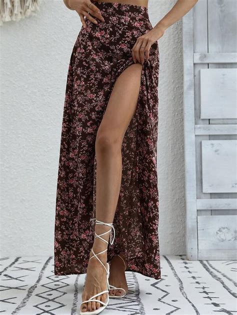 Shein Lune Ditsy Floral Print Split Thigh Skirt Shein Usa