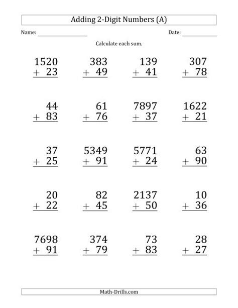 Large Print Various Digit Plus 2 Digit Addition With Some Regrouping A Addition Worksheet