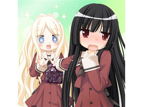 Safebooru 2girls Black Hair Blonde Hair Blue Eyes Blush Brown Eyes Dress Game Cg T Hime Cut