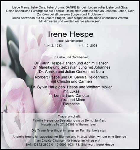 Traueranzeigen Von Irene Hespe Nordwest Trauer De