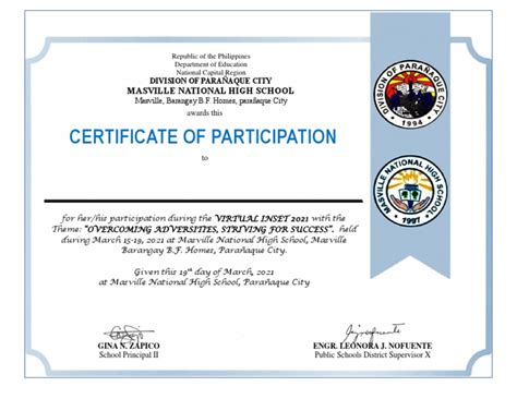 Overcoming Adversities Through Participation A Certificate Of