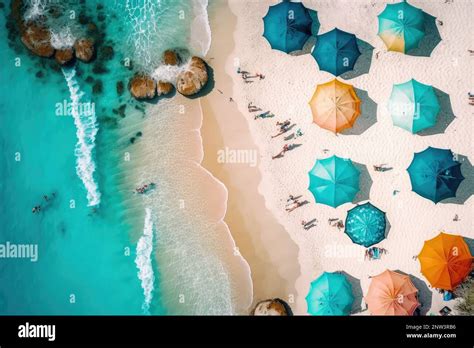 Birdseye View Of Realistic Illustrated Sand Beach With Umbrellas Stock