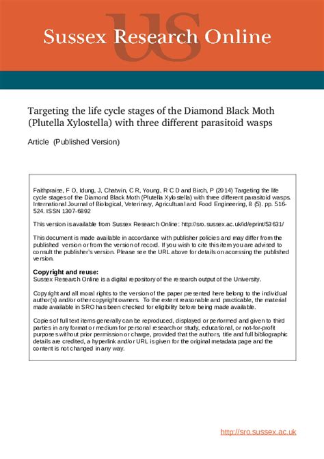 (PDF) Targeting the life cycle stages of the Diamond Back Moth ...