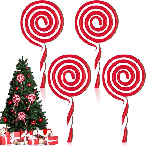 Soaoo 4 Pcs 12 Inch Christmas Wood Candy Ornaments Large Lollipop Candy Ornaments Xmas Tree