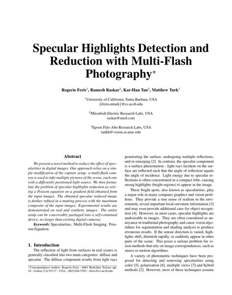 (PDF) Specular Highlights Detection and Reduction with Multi-Flash Photography.