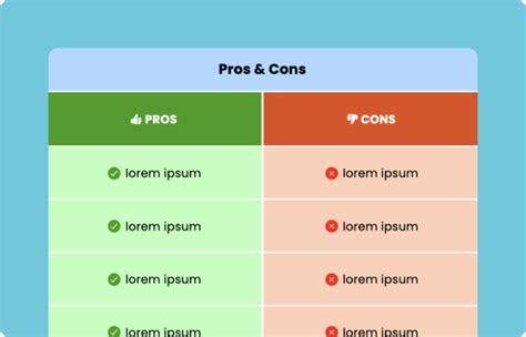 Pros And Cons Table Template