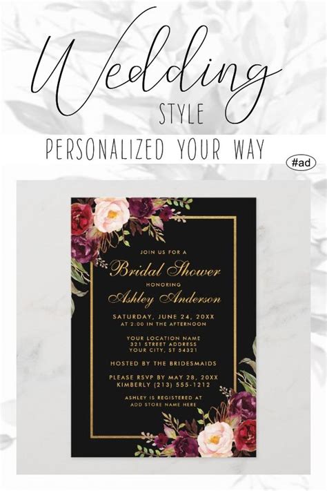 Burgundy Floral Black Gold Bridal Shower Invitation Zazzle Gold