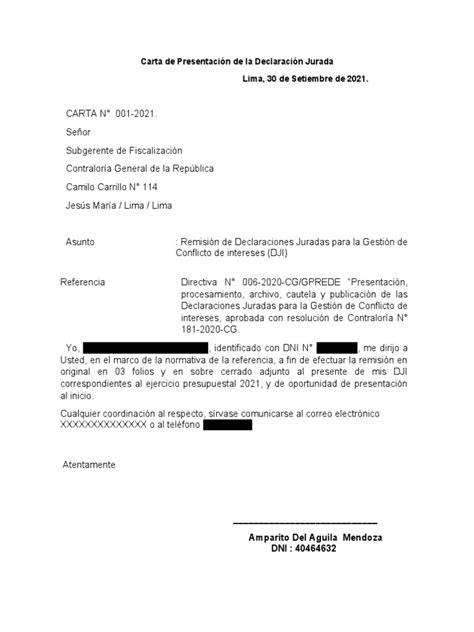 Carta De Presentación De La Declaración Jurada Nueva Pdf