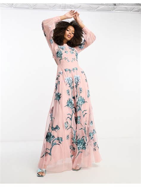 Asos Blouson Sleeve Floral Embroidered Maxi Dress With Open Back In