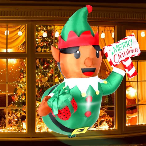 Kitticcino Christmas Inflatable Elf Broke Out From Window 4 Ft Blow Up