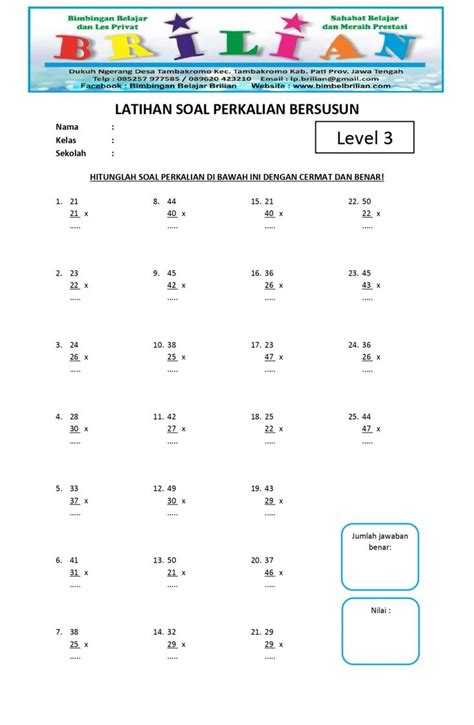 Soal Perkalian Bersusun Kelas 3 A SD Level 3 Dan Kunci Jawaban Bimbel