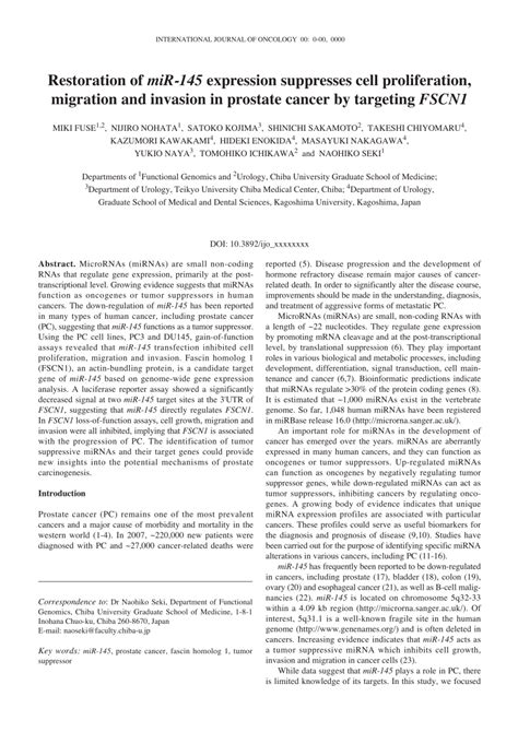 PDF Restoration Of MiR 145 Expression Suppresses Cell Proliferation