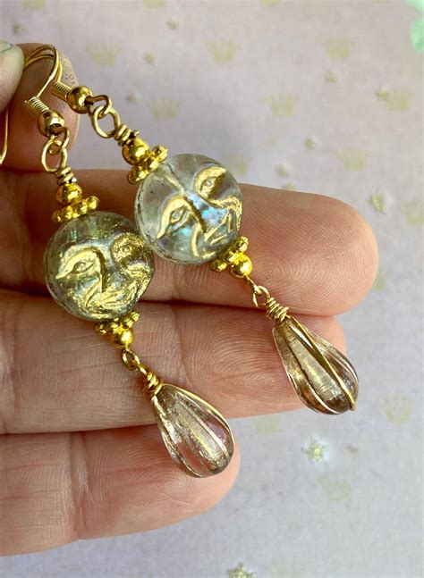 Full Moon Earrings Czech Glass Jewelry Man In The Moon Earrings Moon