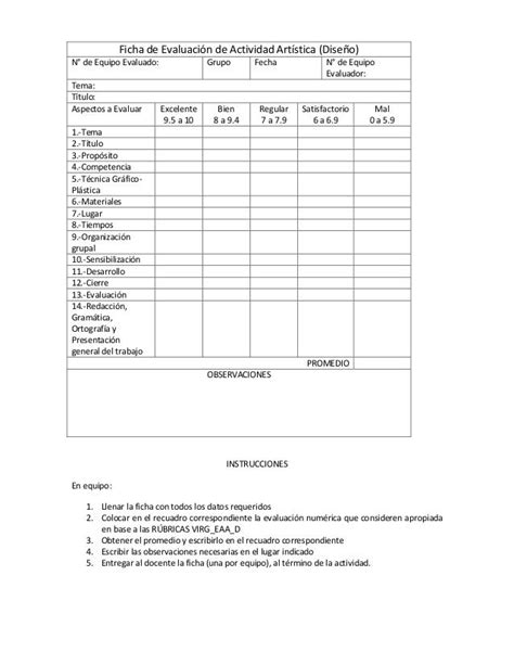 Ficha De Evaluación De Actividad Artística Ii Diseño 2013 Y Rúbrica