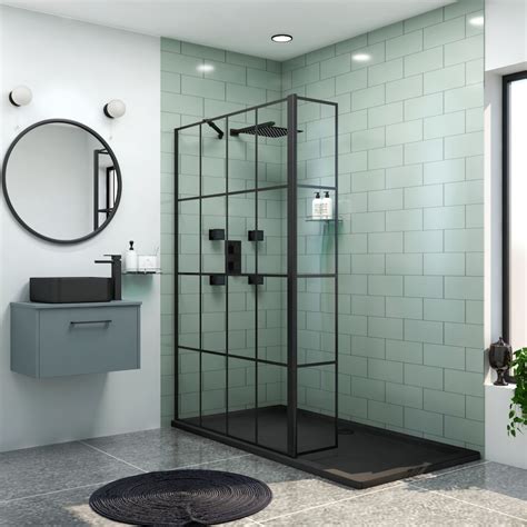 Milan Wet Room Shower Screen Matt Black Grid With Flipper Panel 8mm