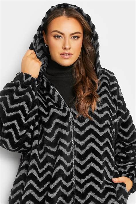 Yours Luxury Womens Plus Size Curve Black And Grey Zig Zag Faux Fur Coat