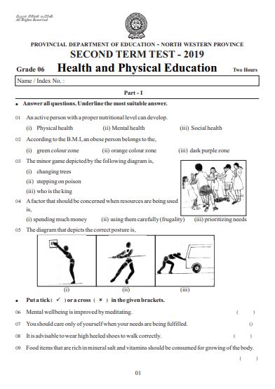 Grade 06 Health 2nd Term Test Paper 2019 English Medium North Western Province