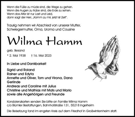 Traueranzeigen Von Wilma Hamm Vrm Trauer De