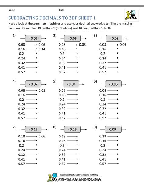 Subtract Decimals Free Worksheets