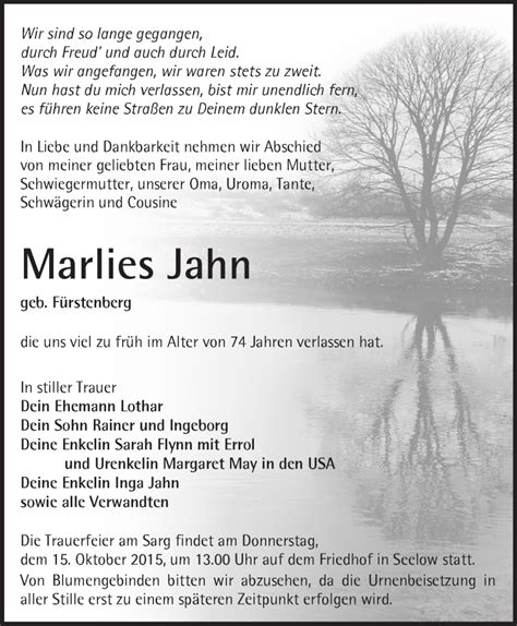 Traueranzeigen Von Marlies Jahn M Rkische Onlinezeitung Trauerportal