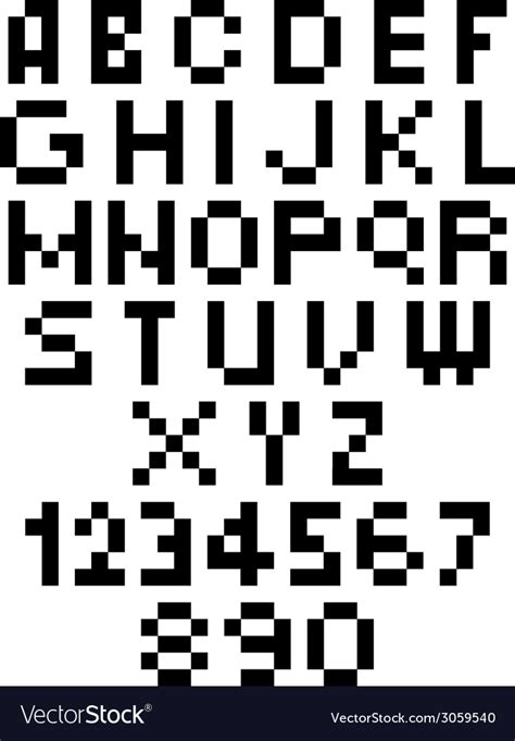 Pixel Font Alphabets And Numerals Characters Vector Image