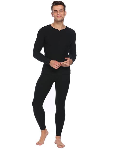 Mens Long Sleeve Solid Slim Sleepwear Thermal Underwear Fleece Lined Pajama Set S Xxl Black