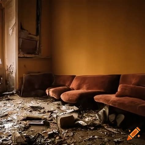 Destroyed Velvet Couch In Flooded Penthouse With Sinking Buildings In
