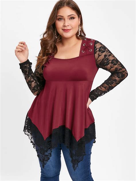 Wipalo Women Plus Size Xl Lace Patchwork Handkerchief T Shirt Lace Up