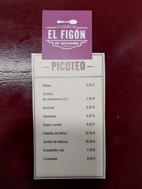 Carta Del Restaurante El Fig N Del San Mam S San Mam S Del Meruelo