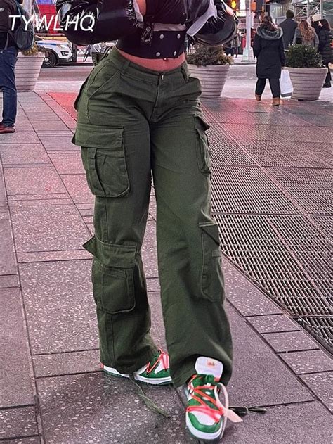 Army Green Cargo Pants Baggy Jeans Women Fashion Streetwear Pockets Straight High Waist Casual ...