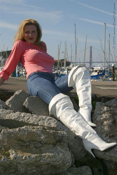 Busty Blonde In White Thigh Boots Jeans And Tight Top Boots Tall