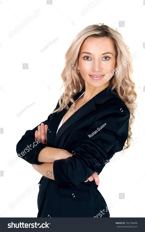 Business Beautiful Pretty Blonde Caucasian Woman Standing On White Background Stock Photo