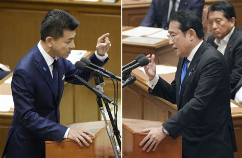 （左）党首討論で質問する立憲民主党の泉健太代表 （右）答弁する岸田文雄首相＝いずれも19日、国会 3年ぶり党首討論は党内向けアピールの場に