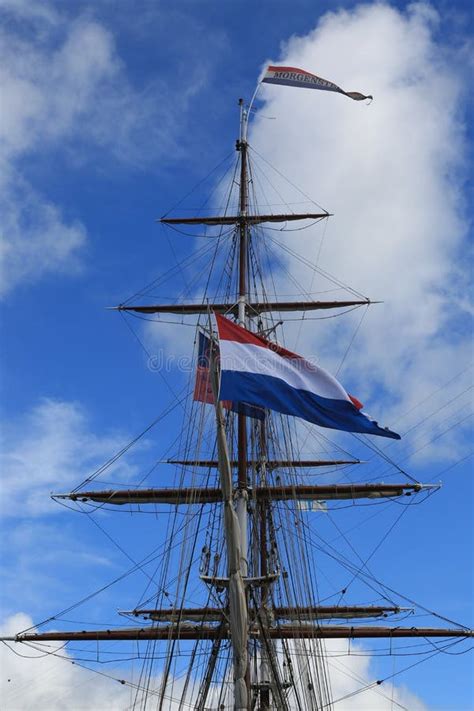 Dutch Sailing Ship Morgenster The Rigging With National Flag Of The