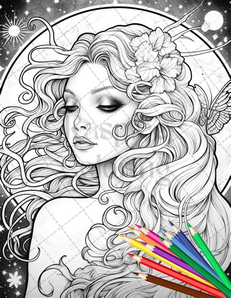 Beautiful Moon Fairies Grayscale Coloring Pages Printable For Adult