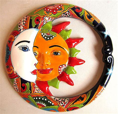 Large Talavera Sun Moon Eclipse Wall Plaque Southwest Mexican Folk Art