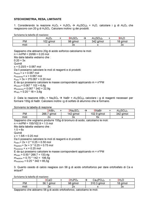 Es Soluzioni Stechiometria Resa Limitante Stechiometria Resa