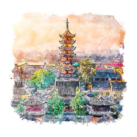 Nanjing Jiangsu China Watercolor Sketch Hand Drawn Illustration 8882035